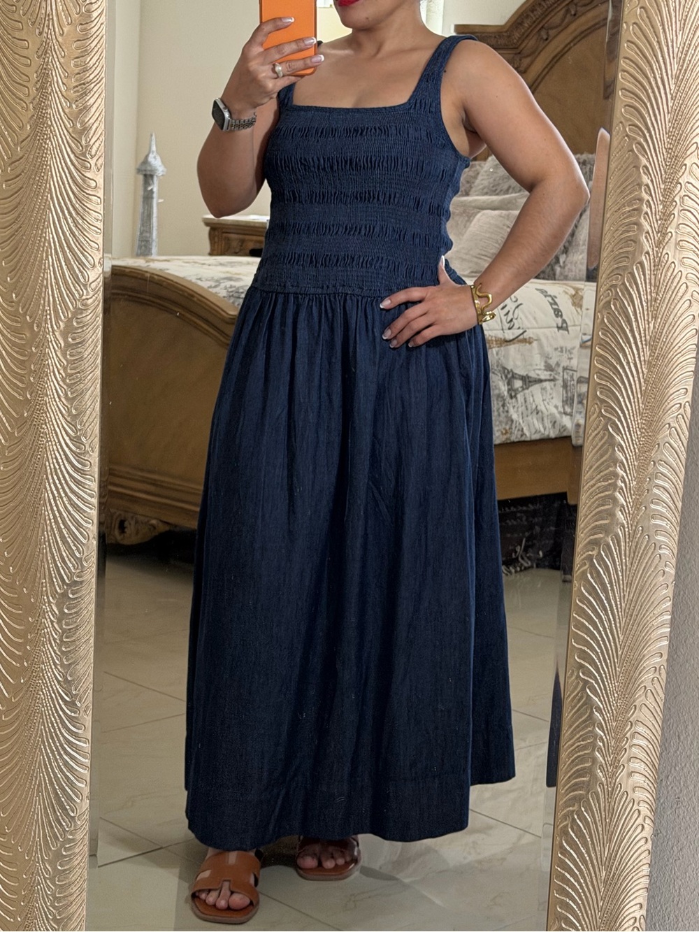 Free Assembly Women’s Navy Blue Denim Square-Neck Smocked Maxi Dress